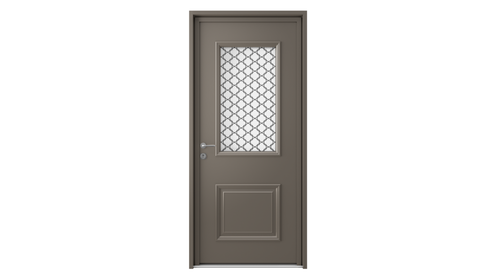 Porte d'entrée aluminium SYMI Porte d'entrée taupe avec grille sérigraphiée